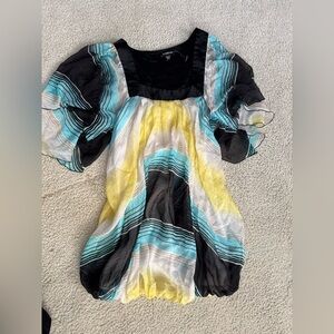 bebe Women's Striped Chiffon Blouse - Black, Yellow, Blue casual 2000s style
